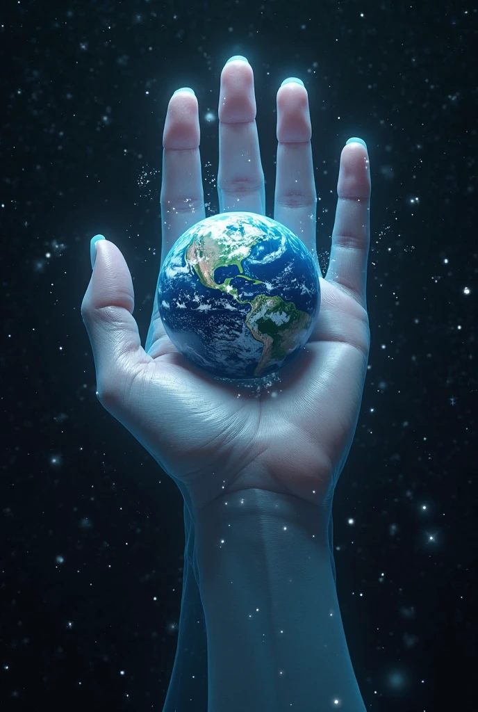 upon his fingertip is poised an entire world, fragile and beautiful, background is the cosmos,