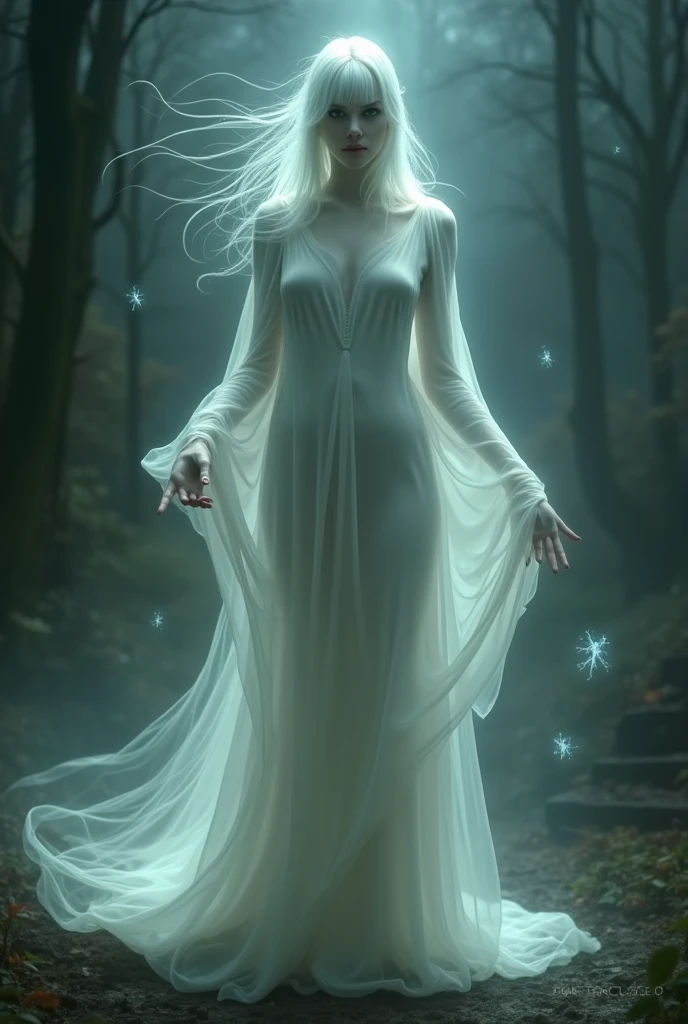Appearance of the Witch: A tall, ghostly woman dressed in a flowing white gown with long,