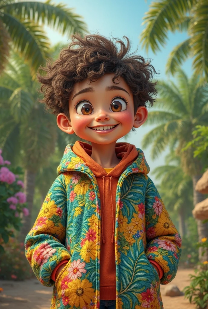 Image of a boy for a story in a YouTube video in Pixar format, He's the little hero He's the leader of the class, He is extroverted, Playful and stands up for many things, he wears a superhero outfit with a broccoli symbol,