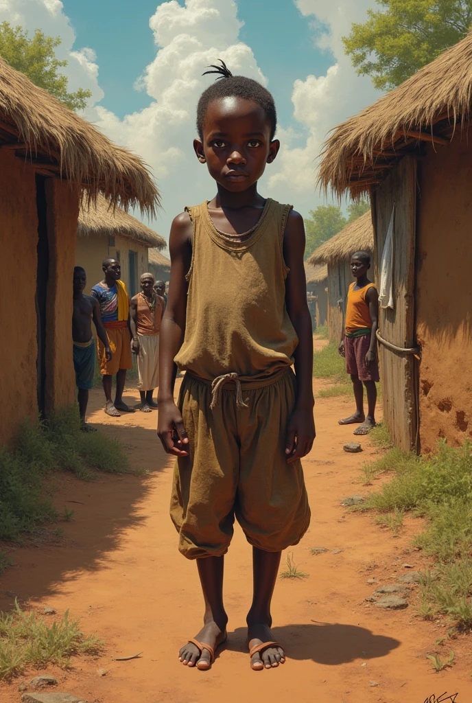 15 year old boy, black, braided hair, smiling, wearing goatskin poncho, ragged trousers, murky, sandstorm, goats, leather sandals, carrying wooden pole, shielding eyes with hand, sheltering from sandstorm beside wrecked airliner, red sand, goats, wrecked jet engine