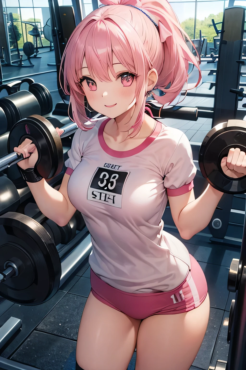 ((8k, Highest quality, masterpiece: 1.3)),Ultra-high resolution,(1 girl, alone), (Color changing eyes, Ultra-detailed, Expressive brilliance, Glitter, Glowing Eyes), Highly detailed eyes, Highly detailed face, Random Hair, ((pastel colour)) The woman is working as a personal trainer in a gym, guiding a client through weightlifting exercises. She’s standing beside the client, demonstrating the correct posture with a focused and motivational expression. The gym is equipped with various machines, free weights, and large mirrors. She’s dressed in a fitted tank top and athletic shorts, with her hair in a high ponytail. She glances at the camera with a confident, encouraging smile, embodying the spirit of a dedicated trainer.