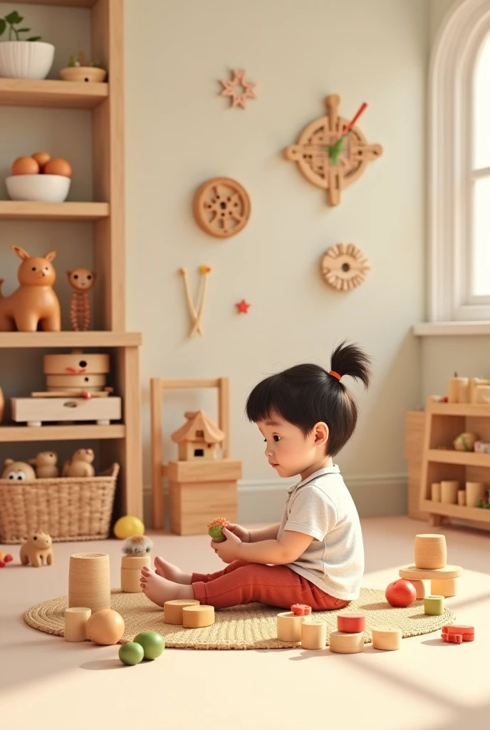 Italy, 1348. ((Wide shot)), ((((3-year-old)) Lolla Fitzgerald)), olive skin, beautiful, athletic, in an italian mansion, playing with a ((wooden blocks)). ((((clothings from the 1340s)))), ((dark hairstyle of the 1340s))