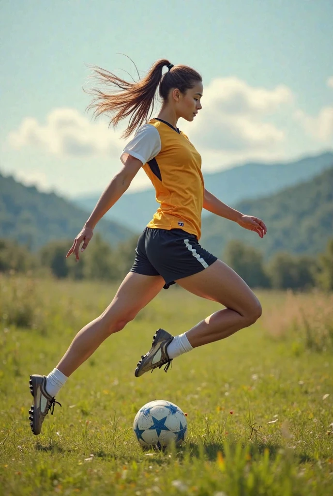 Top quality, 55mm lens,f/1,(full body:1.5), looking at soccer ball,
solo,1 beautiful japanese woman,beautiful eyes,bright pupils,Outraged,delicate face,detailed skin,kicking a football ball in the air, Blonde Hair, [Brown inner hair:1.35], wearing yellow color Sports bra, football shorts, football boots, a soccer, white background,