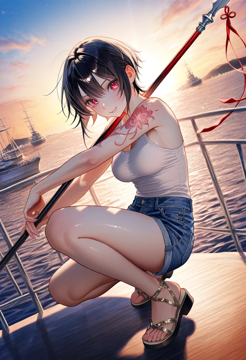 masterpiece, best quality, extremely delicate and beautiful, ultra-detailed, high-resolution, 20 years old, detailed beautiful face, tearful mole, earring, very huge round breasts, short medium hair, wavy hair, wet clothes, full body shot, alone, (assassin), kimono, (armor),