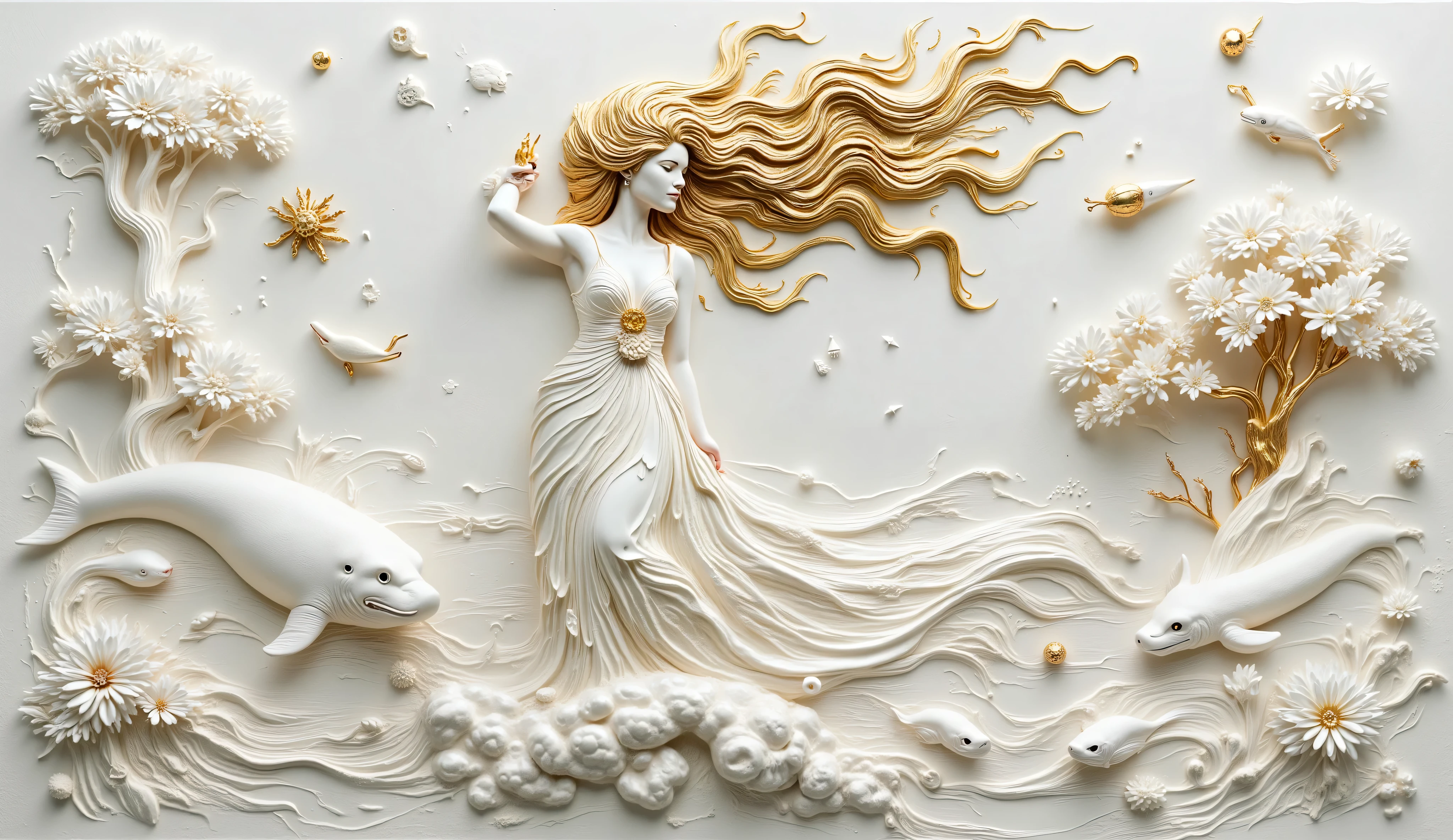 a relief art, a representation of the Mother of Water from Brazilian folklore, An image of a full-bodied woman, stylized, All white on white background, Your hair made of gold (old gold) fly in the wind and she holds a fireball also represented in gold, It comes out of the water and we can see animals from the Brazilian aquatic flora also represented in white, such as the manatee, the cobra, and Boto in addition to representations of flora, Like Vitória Régia and native trees, In white and gold too.