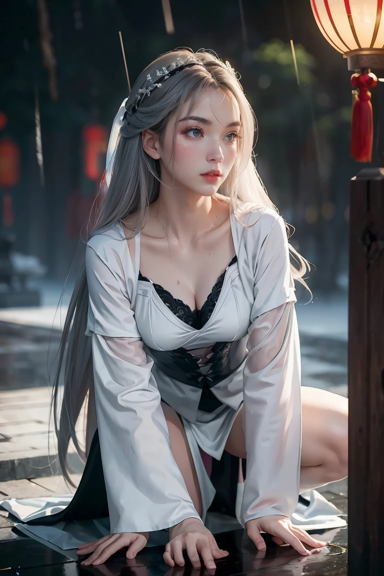 masterpiece, best quality, high resolution, 1girl, white hair, bangs, long hair, ancient chinese environment, temple, rain, dark cloud, dark lights, yellow eyes, wet body, wet face, crouching, white clothing, transparent clothing, wet clothing, wet hair, serious expression
