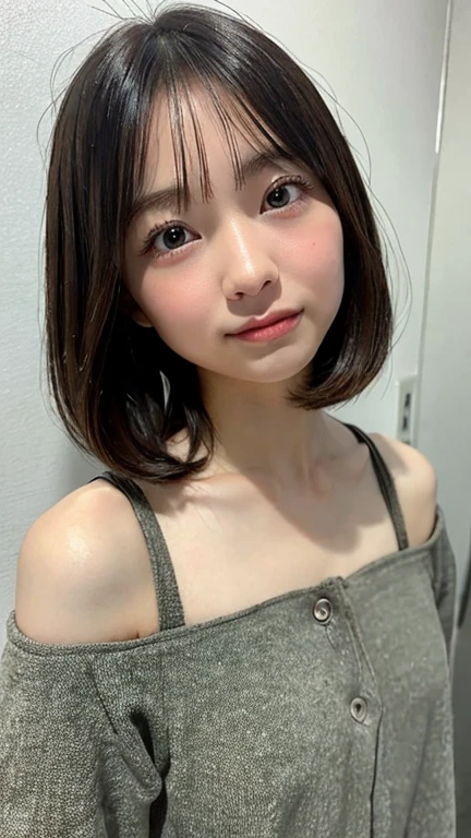 (Highest quality, 8K, 32k, masterpiece, Ultra-high resolution:1.2),Beautiful Japanese Women Photos, Very short bob hair,Upper Body,Face Focus,(White tank top), Simple Background, From above, View your viewers,