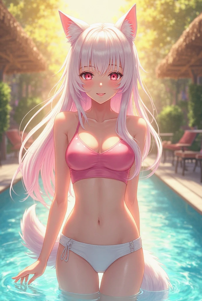 (highest quality:1.2, Very detailed, up to date, Vibrant, Ultra-high resolution, High Contrast, masterpiece:1.2, highest quality, Best aesthetics), Portraiture、girl、singer、Bright colors、Beautiful fine details、Beautiful lip detail、medium wave hair、red and white ((streaked hair:1.7)), highlights hair: 1.5, red eyes, slim body, medium breast, (tan skin:1.1), (white micro-bikini:1.5), (Floral Fineline tattoo design on left arm:0.8), (relaxed look:1.6), Resolute expression, Hot springs in the deep forest, sitting in a hot spring, Silence spreads around her、lots of trees swaying in the wind, Hot spring water gushes softly on the surface of the hot water., (looking afar:1.3), side view:1,