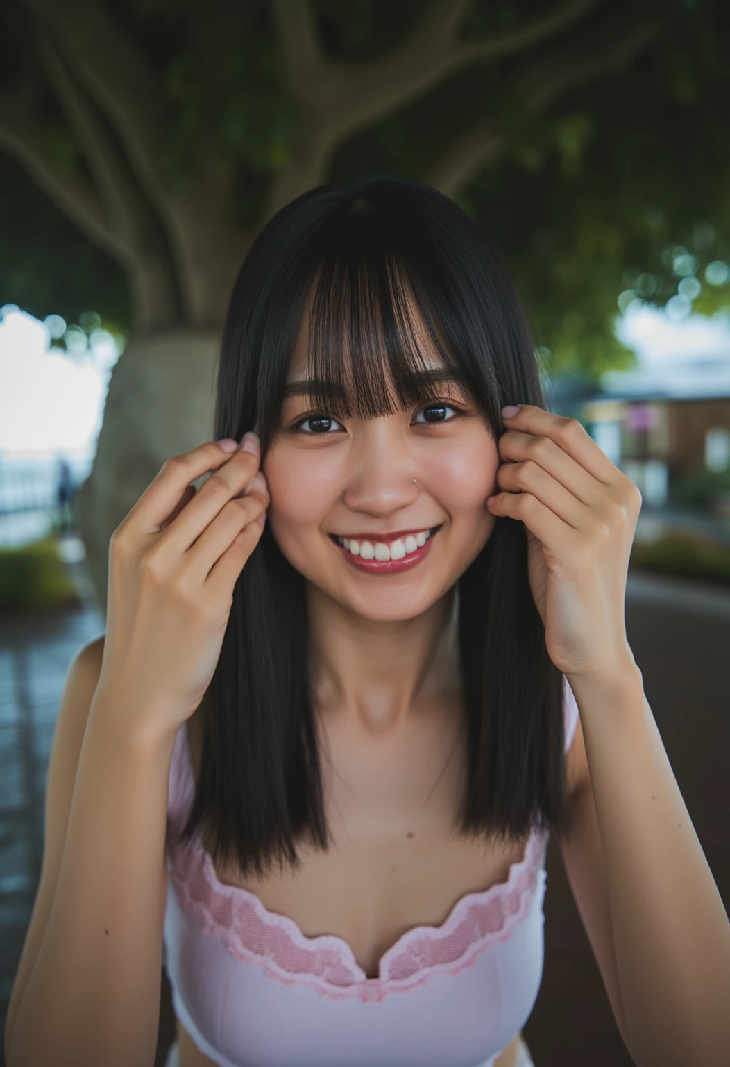 28years old Big Breasts woman A kind smile Big eyes Front teeth Short Bob Hair Japanese classmate Saggy breasts Sexy appeal