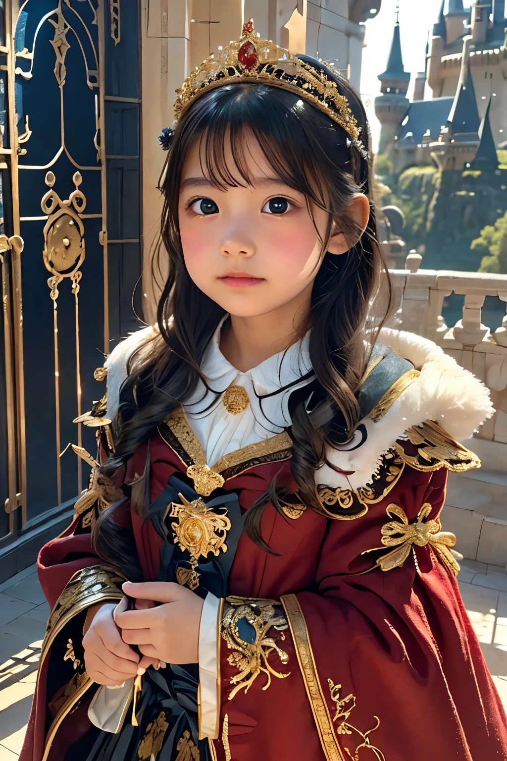 Little young girl, Gold,cute,fantasy, gorgeous dress ,tiara,odd-eye,red carpet,Castle,Teddy bear