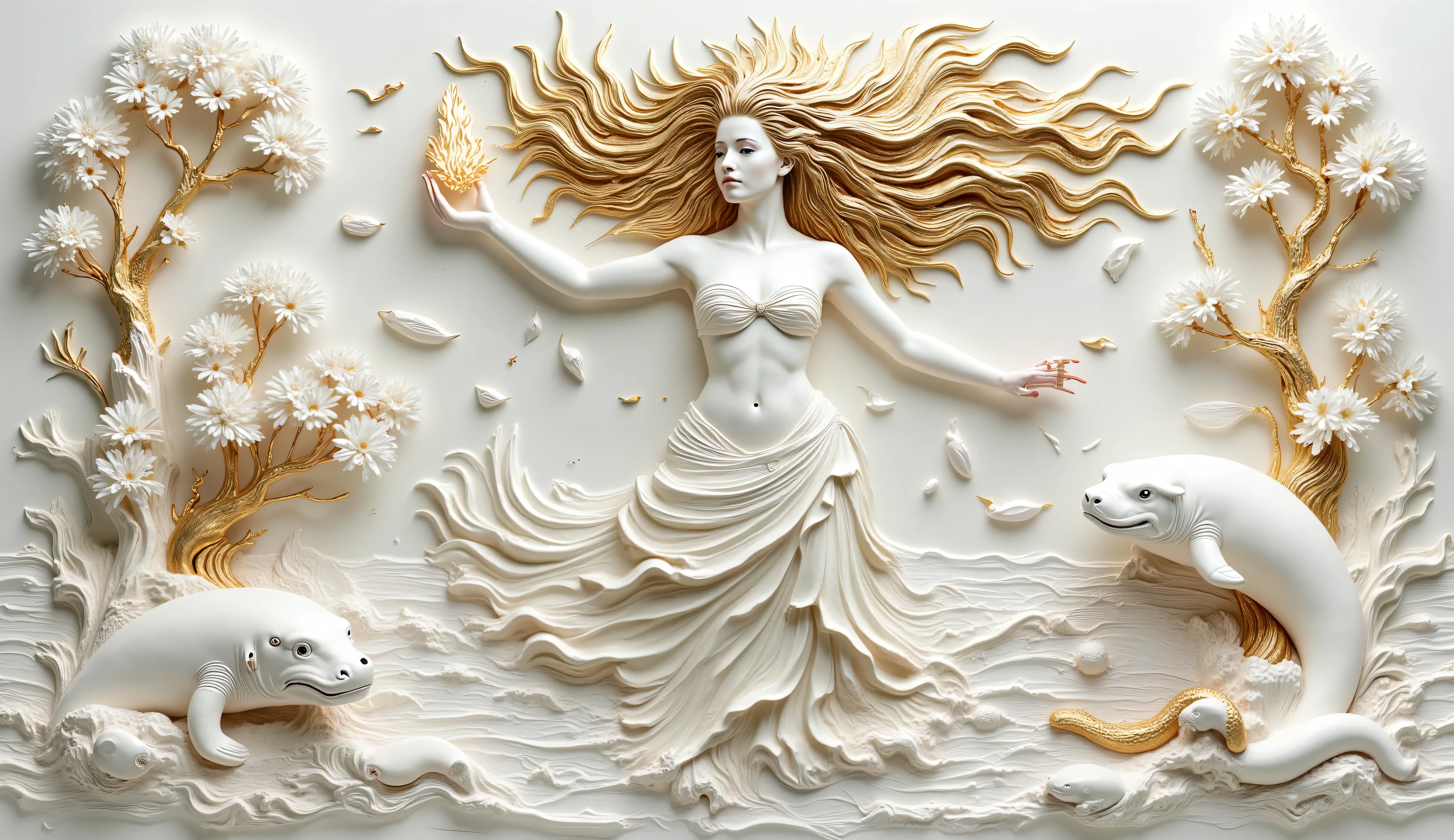 a relief art, a representation of the Mother of Water from Brazilian folklore, An image of a full-bodied woman, stylized, All white on white background, Your hair made of gold (old gold) fly in the wind and she holds a fireball also represented in gold, It comes out of the water and we can see animals from the Brazilian aquatic flora also represented in white, such as the manatee, the cobra, And the button in addition to representations of flora, Like Vitória Régia and native trees, In white and gold too.