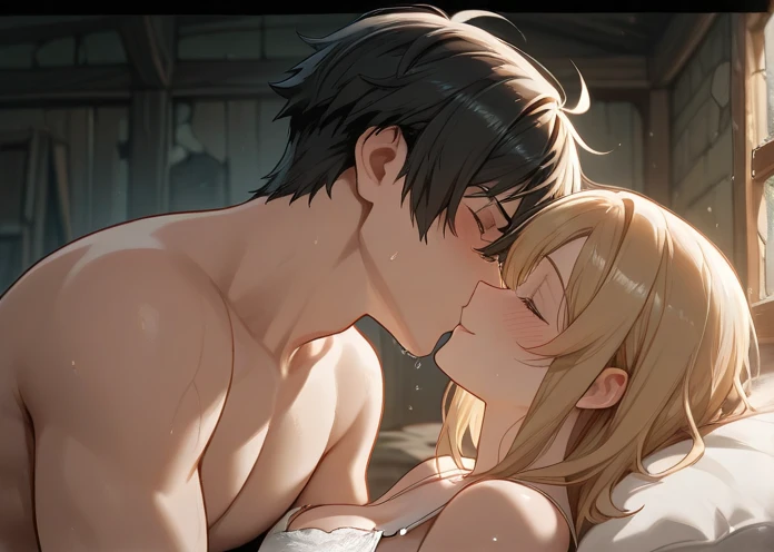 source_anime, rating_explicit, score_9, score_8_up, score_7_up, 1boy, twink, femboy, portrait, indoors, medium length hair, brown skinned male, hair over eyes, ((brown skin)), browm boy, boy, messy hair, ikuchan, black hair, masterpiece, high-quality, BREAK, 1girl, female, white skinned, light skinned male, dominant light skinned female, kissing, femdom,  large white female, ((size difference)), lumine, genshin impact, duo, Heterosexual 