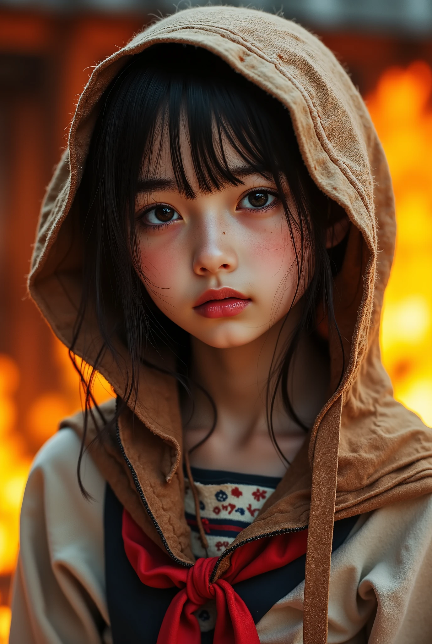 A very cute girl in Mompey,A girl wearing a disaster prevention hood made from a thick cushion、Flaming background、white skin、sailor suit、professional lighting、Japanese house、An old Japanese wooden house townscape,upper body,close,smile, sad face、sooty face 、Pacific War, (8k, RAW photo, top quality, masterpiece:1.2),(realistic, photo-realistic:1.37),