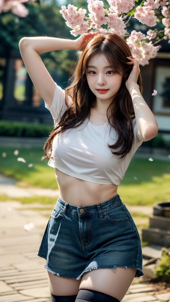 Best Quality, Masterpiece, Ultra High Resolution, (Realistic: 1.4), Original Photo, Official Art, Wallpaper, Bust Photo, Skin, Simple Background, Black Eyes, Details, Fingers, 1 Girl,,White Shirt,Belly Navel,Ragged Jean Shorts,Breeze,Sunlight,Water Mist,Studio light,