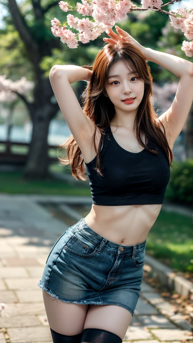 (Best quality, 8k, masterpiece: 1.3), a beautiful woman with perfect figure: 1.4, dark brown hair, medium, wearing a pendant, Henry shirt with ripped shorts, stretching, in the garden, highly detailed face and skin, detailed eyes, double eyelids