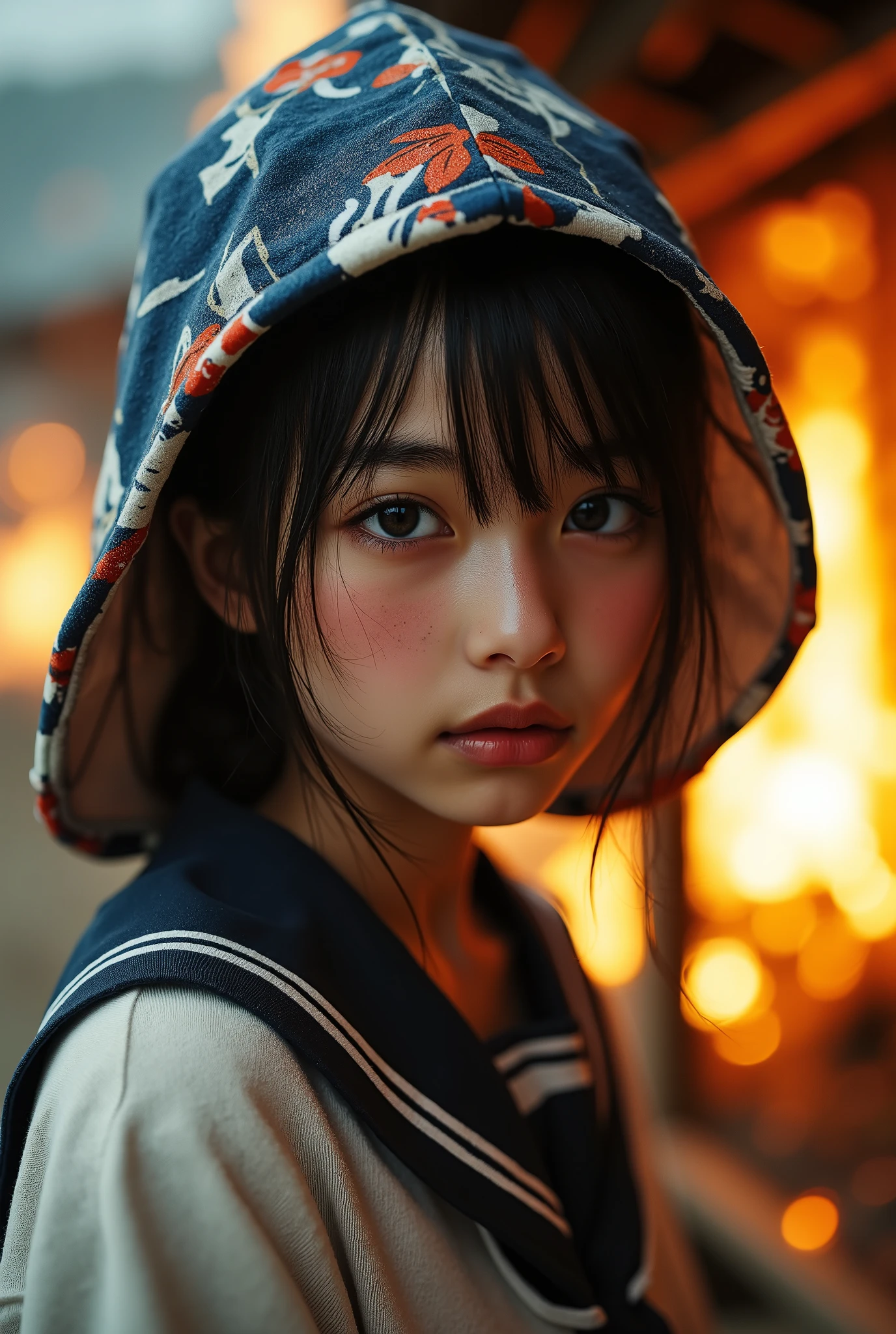 A very cute girl in Mompey,A girl wearing a disaster prevention hood made from a thick cushion、Flaming background、white skin、sailor suit、professional lighting、Japanese house、An old Japanese wooden house townscape,upper body,close,smile, sad face、sooty face 、Pacific War, (8k, RAW photo, top quality, masterpiece:1.2),(realistic, photo-realistic:1.37),