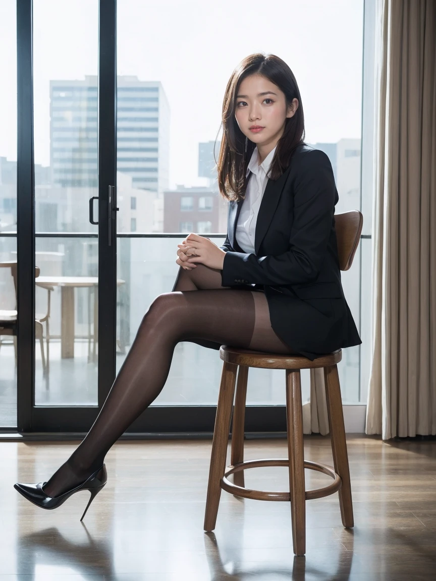 there is a woman sitting on a window sill in a suit, wearing a strict business suit, in strict suit, thighhighs and skirt, 奈良美智, ayaka, elegant legs, young skinny gravure idol, young sensual gravure idol, in a strict suit, juri misaki, in a business suit, business attire
