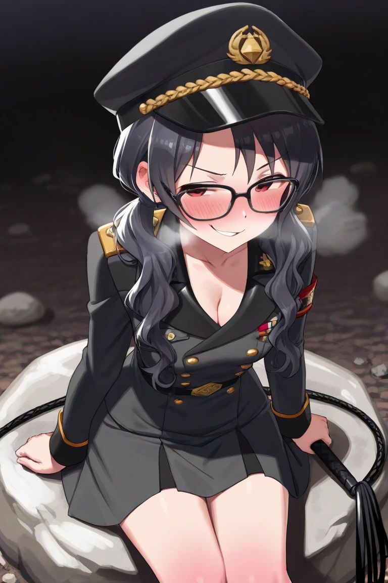 (masterpiece, best quality: 1.2), Solo, 1girl, Yoru \(Chainsaw Man\), looking at the viewer, different poses, red eye, long hair, completely black hair, reference to clothing of a German WWII general, black long sleeves (best quality), scar on face, beautiful eyes, has only 2 arms, has war medals on his clothes, Black Military Cap, Golden Eagle Medal on Clothing, (Wallpaper), (8K HD), (8K HD), Golden Shoulder Pads, Sprites, 1 Single Design (obra maestra, mejor calidad: 1.2), Solo, 1girl, Yoru \(Chainsaw Man\), mirando al espectador, sonrisa, feliz, diferentes poses, ojo rojos, cabello largo, cabello completamente negro, reference to clothing of a German general from World War II, mangas largas negras (mejor calidad), cicatriz en la cara, hermosos ojos, tiene solo 2 brazos, tiene medallas de guerra en su ropa, Gorra militar negra, Golden Eagle Medal in Dress, (fondo de pantalla), (8K HD), (8K HD), hombreras doradas, sprites, 1 single design,poses cambiantes