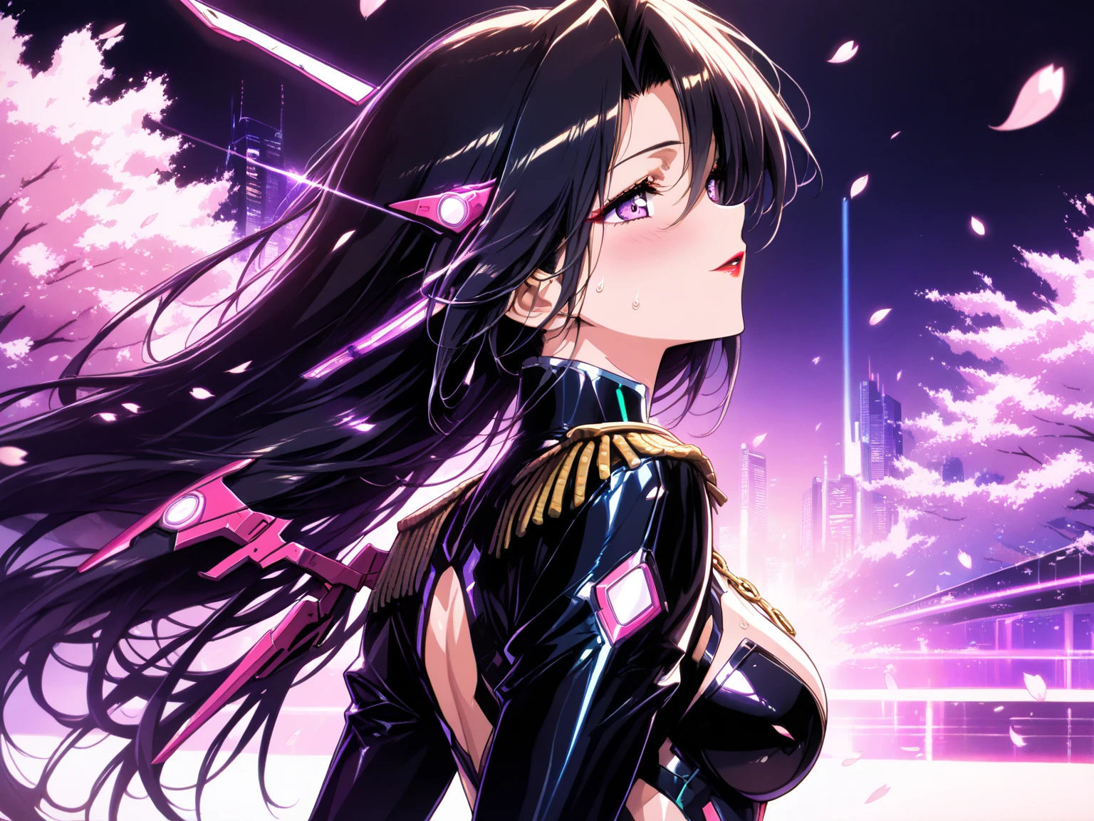 (highest quality、4K、8K、High resolution、masterpiece:1.2)、Super detailed、(anime style、photorealistic:1.37)、girl in neon clothes、purple hair、swept bangs、long hair、lime green eyes、neon light、Bright colors、Shining atmosphere、futuristic fashion、shiny fabric、neon sign、Bustling city streets、confident pose、vibrant energy、nightlife sensation、 dynamic movement、creative patterns、Intense saturation、edgy style、kaleidoscope reflection、Fashion Forward、fluorescent light
