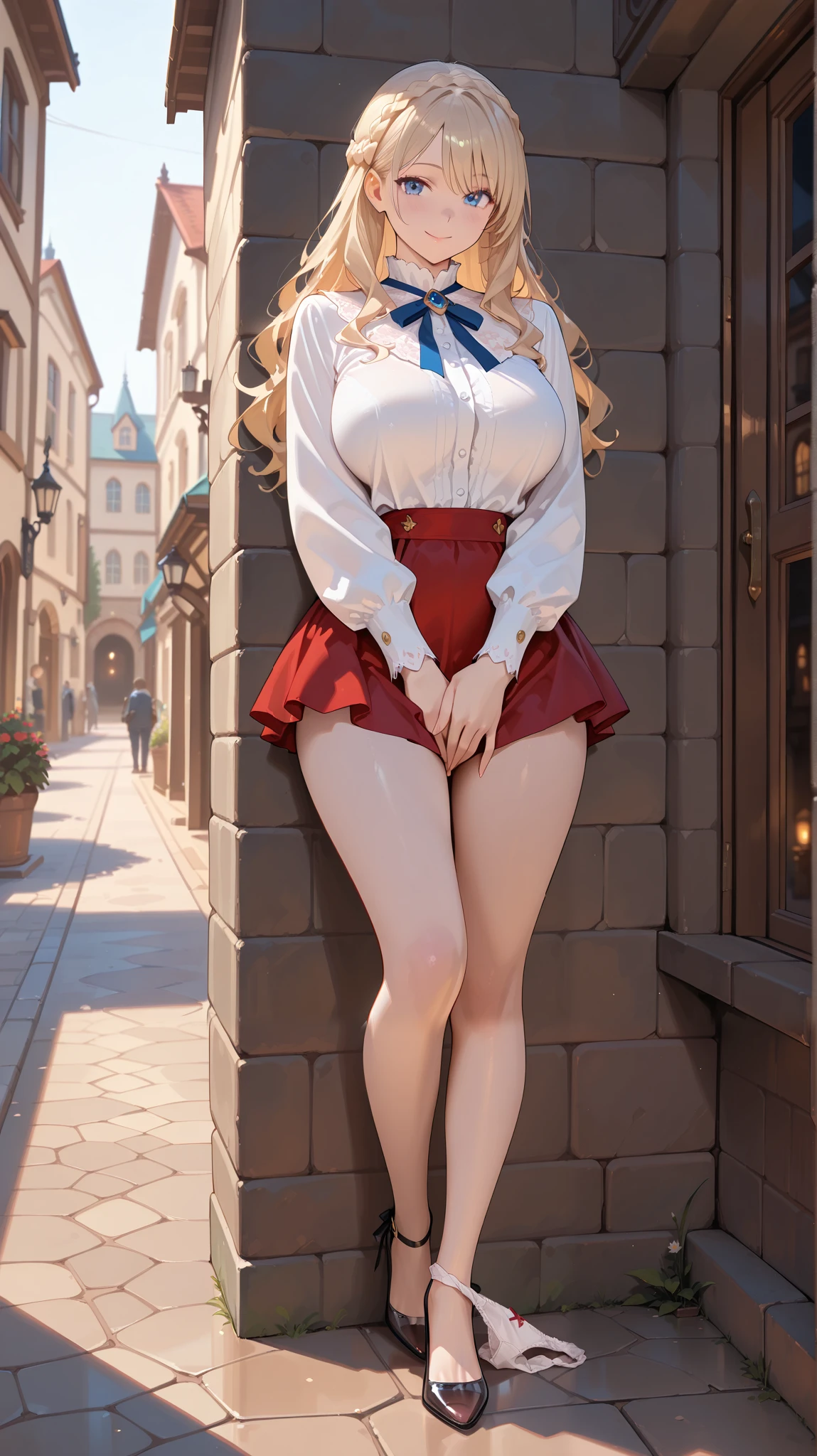 (software:1.5), (realistic), (masterpiece, Best Quality, high resolution, Details Hand , Detail Fingers , detail face, Detailed feet, perfect lighting), (1 girl, Alone, Details Girls , 20 year old girl), (light blond hair, wave hair, crown braid, blue eyes, big breasts), (red miniskirt, white blouse, transparent pumps), (fantasy, town), (smile)、panties down、panties around one leg、((Her hands are in her crotch、Hiding her private parts)),(( covering crotch ))