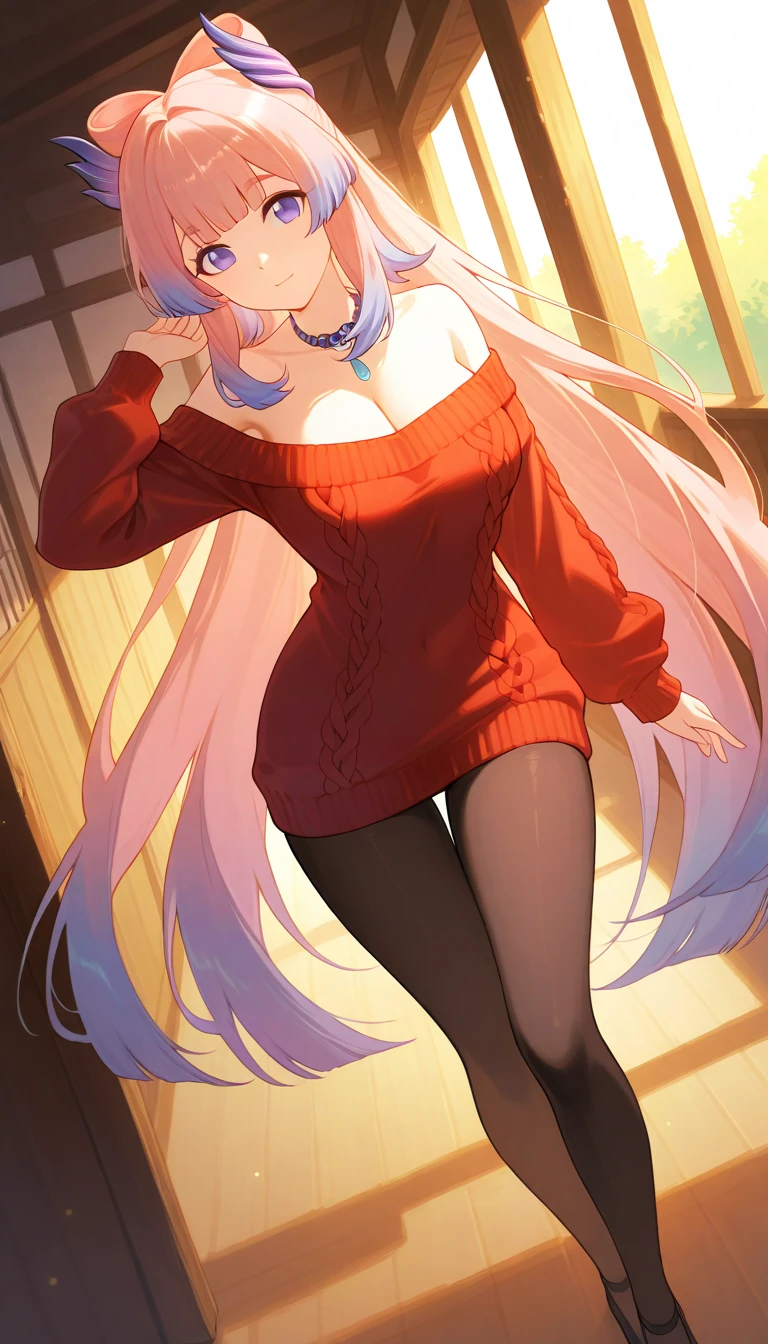 masterpiece, best quality, 4k, female,long white hair, Puffy large sweater, thigh highs, dress lift,sweater tug ,clothes pull,<lora:skirt_tug_v0.1:1>