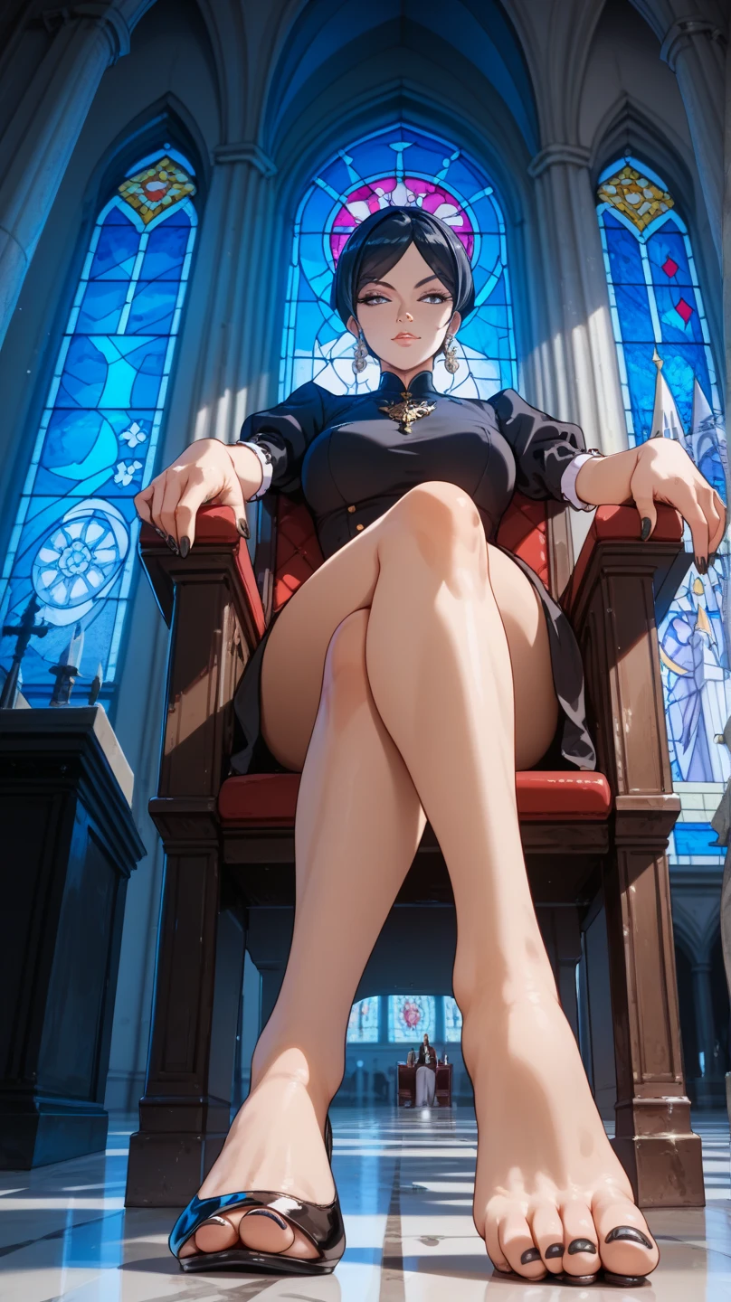 BREAK looking at viewer, BREAK (masterpiece:1.2), best quality, high resolution, unity 8k wallpaper, (illustration:0.8), (beautiful detailed eyes:1.6), extremely detailed face, perfect lighting, extremely detailed CG, (perfect hands, perfect anatomy),church,benches,icons,candles,crosses,night,dark atmosphere,low light,albedo, ahoge, black hair, horns, long hair, (yellow eyes:1.5),skinny fit,
bare shoulders, belt, collarbone, dress, frills, long sleeves,necklace, off shoulder, off-shoulder sweater, sweater, sweater dress, thigh strap, white sweater, wrist ribbon, thighs,maniac smile,stockings,medium breast,full body,high heels,standing in middle of church,from below,long legs,fishnet,fishnet stockings,from below,sitting, feet to camera,showing feet,naked feet, spread fingers on feet, footfetish.