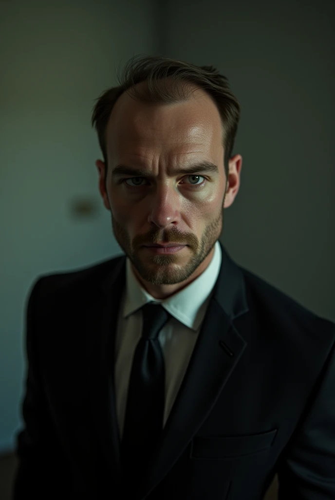 Create a man who is 1:75 tall with little hair who has a slim build and looks a lot like Patrick Bateman and Rust Cohle 