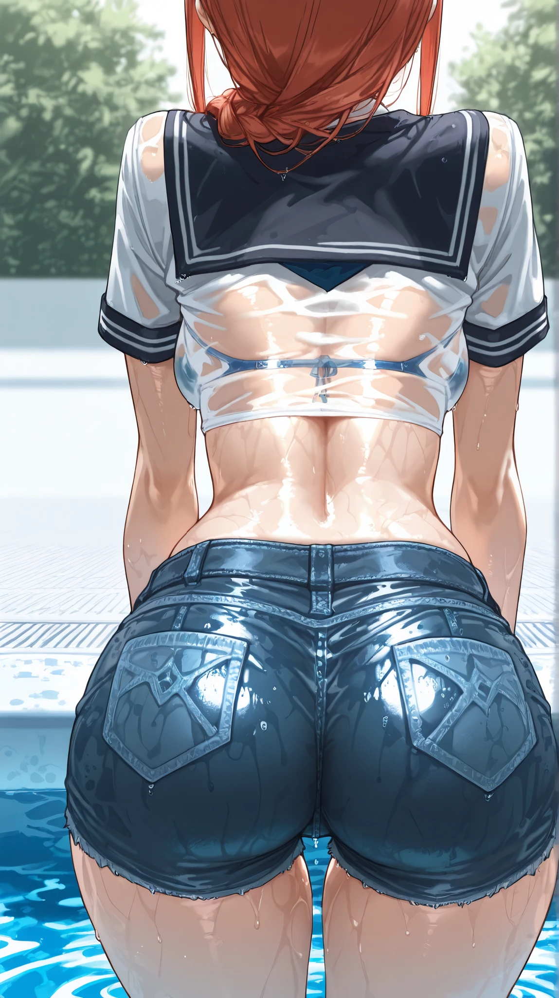 masterpiece, best quality, quality, Makima, school uniform looking at the spectator, school uniform looking at the spectator, rear view, short top, apenas_shoulder, medium breasts, wide hips, wet, shorts jeans, ( bikini under clothes ), Fresh-bodied , outdoor, by the pool, shadow