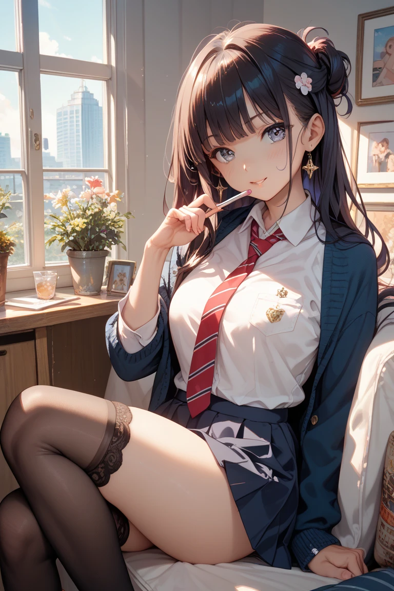 (masterpiece:1.3, top-quality, ultra high res, ultra detailed), (realistic, photorealistic:1.4), beautiful illustration, perfect lighting, natural lighting, colorful, depth of fields,
beautiful detailed hair, beautiful detailed face, beautiful detailed eyes, beautiful clavicle, beautiful body, beautiful chest, beautiful thigh, beautiful legs, beautiful fingers,
looking at viewer, (face focus, upper body), 1 girl, japanese, sculpture model, perfect face, (perfect anatomy, anatomically correct), cute and symmetrical face, babyface, , shiny skin,
(long hair:1.7, straight hair:1.0, rosy brown hair), swept bangs, gold eyes, big eyes, slant eyes, long eye lasher, fang, (medium breasts:1.6, tight butt, seductive thighs), slender,
((black blazer, (shocking pink knit vest,) collared white shirt, black pleated skirt, red tie)), black school socks,
(beautiful scenery), morning, (classroom, chalkboard, window, ceiling light, curtains), sitting school desk, (eatting melon bread), (seductive smile, open mouth small),