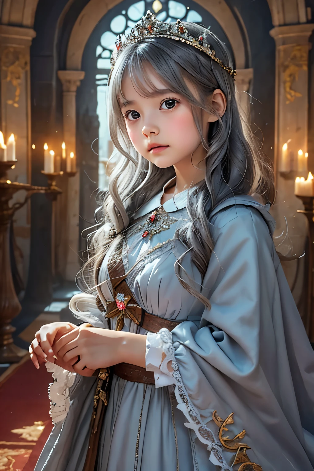 Little young girl,Gray Hair,cute,fantasy, gorgeous dress ,tiara,odd-eye,red carpet,Castle,Teddy bear,Princess