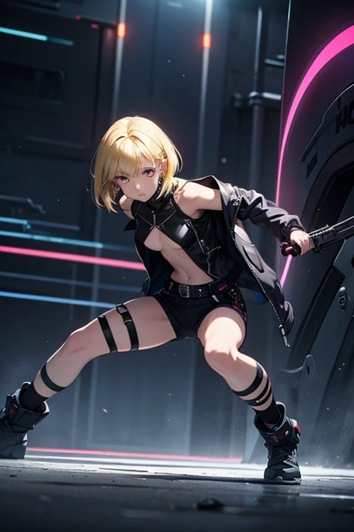1 girl with a chainsaw in her hands, Work pants, Yellow short hair, The jacket is tied at the waist, Black Top, You can see the navel, red-eyes, madwoman, Manic Smile Crazy Eyes, sexypose
