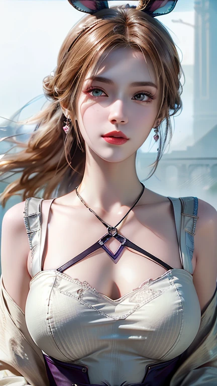 ((masterpiece:1.2, Highest quality)), Super detailed, Ultra-precise depiction, Ultra-detailed depiction, (Tangled:1.2), (Dynamic pose), (Abstract background:1.5), Wavy long hair, Pink Hair, One girl, colorful, Portraiture, (From above:1.2)、Sexy proportions、Sexy、Wear a cross halter dress、Wear thick-soled sandals、smile