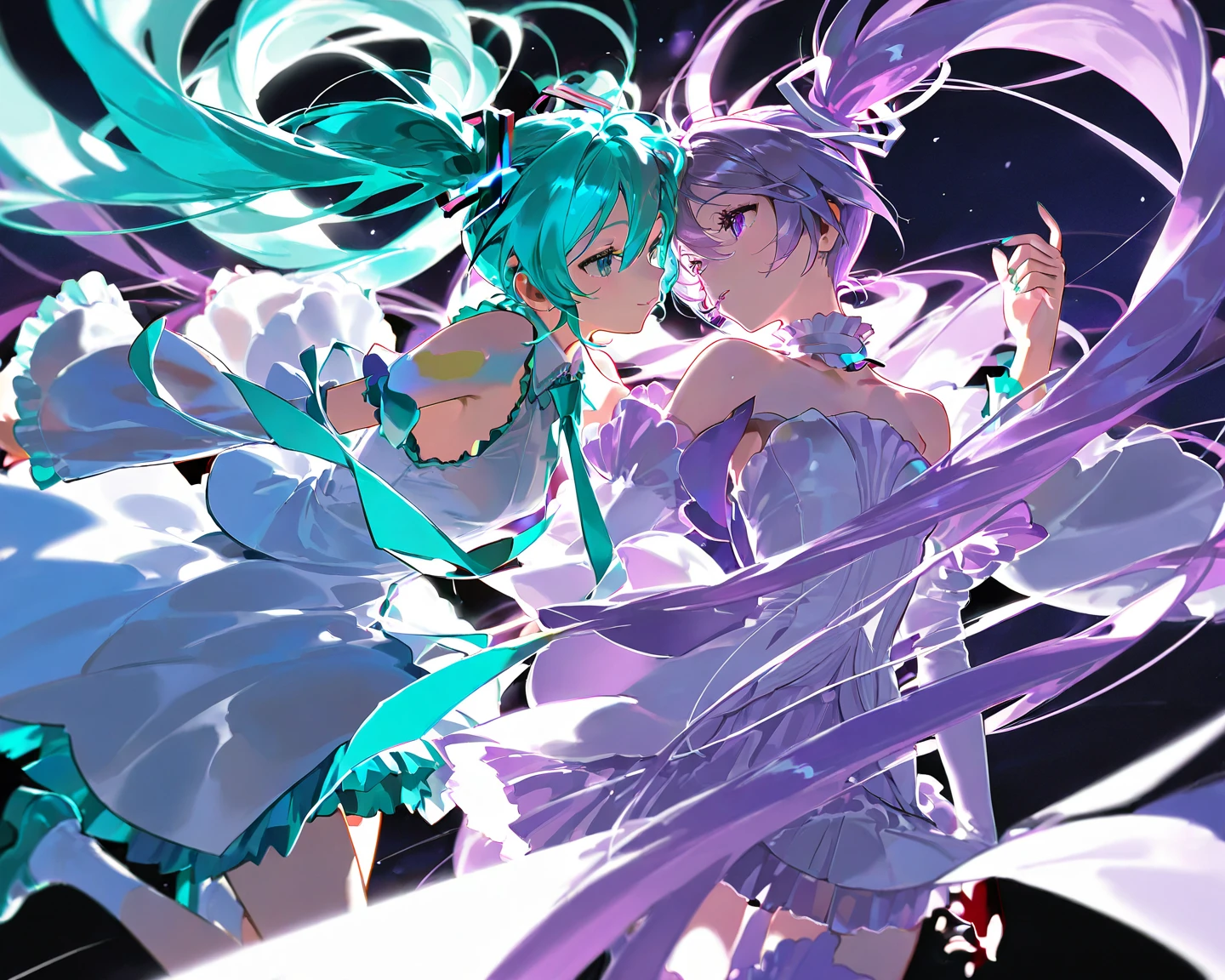 miku hatsune、Kagamine phosphorus、two people、top-quality、delicate、nigh sky、Contrasty、stele、is standing、delicate
