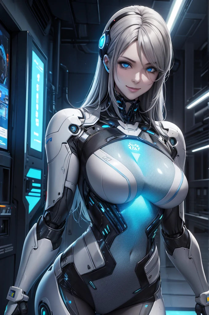 ((highest quality)), ((masterpiece)), (cinematic aesthetic:1.4) big breastsロボット、The robot woman is a Japanese woman in her 40s..、Silver metallic robot body、glamorous robot body、Large Metal Robot Chest、big breasts、nipple、areola、black hair、antenna-like ears、green eyes、The face has a dividing line engraved on it., Make yourself look like a robot.、robot-like pose、robot-like movements、Expressive mature robot、The inside of an electronic brain is exposed、Internal components are exposed、Composition that shows the whole body、Fusion scene