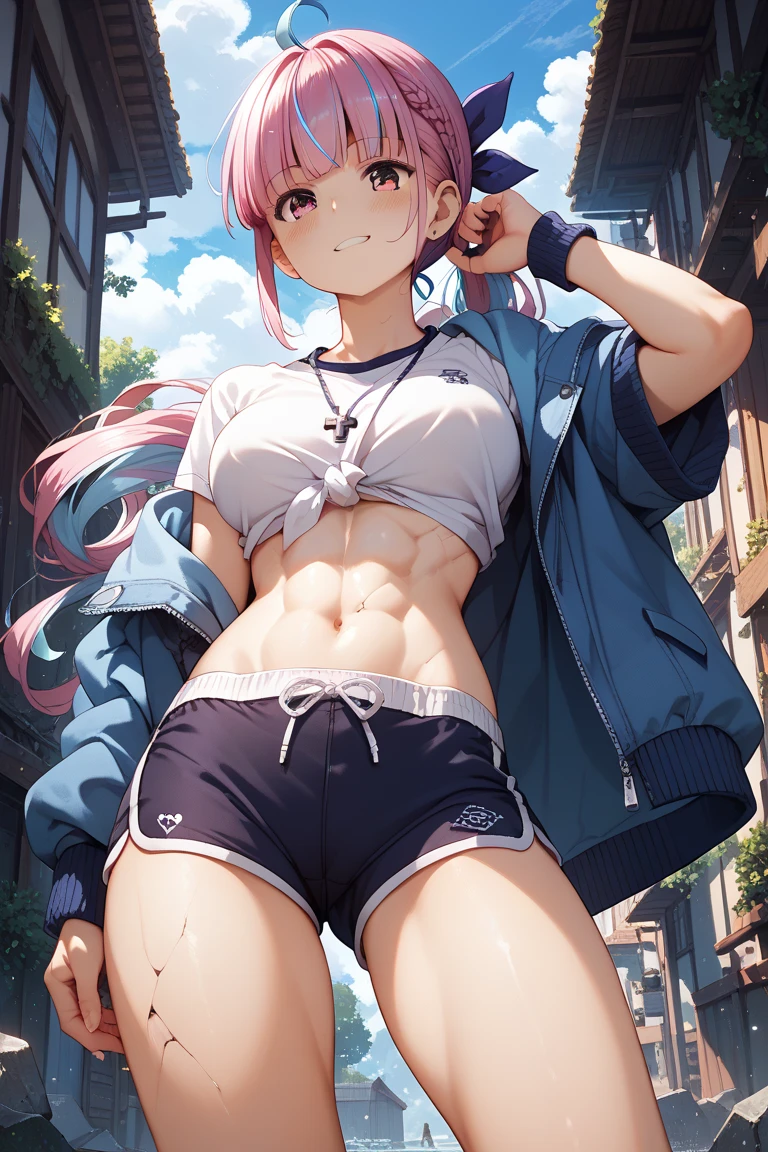 (2heads:1.1), (1boy:1.2), (male female couple), red eyes, short pink hair, short blonde hair, cute, (masculine:1.5), (masterpiece), (high quality), (best resolution), :D, cute face, black nails, looking at viewer, anime convention, beautiful background, dynamic pose, (pink hoodie:1.3), jeans, bulge, (wide hips:1.3), (thick thighs:1.3), (masculine chest:1.2), (flatchested)