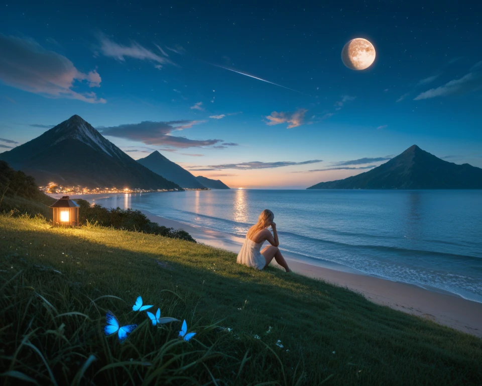 4k beach, lighthouse, at night, there are stars, no clouds, Thailand, shooting stars, a woman sitting with her back turned far away