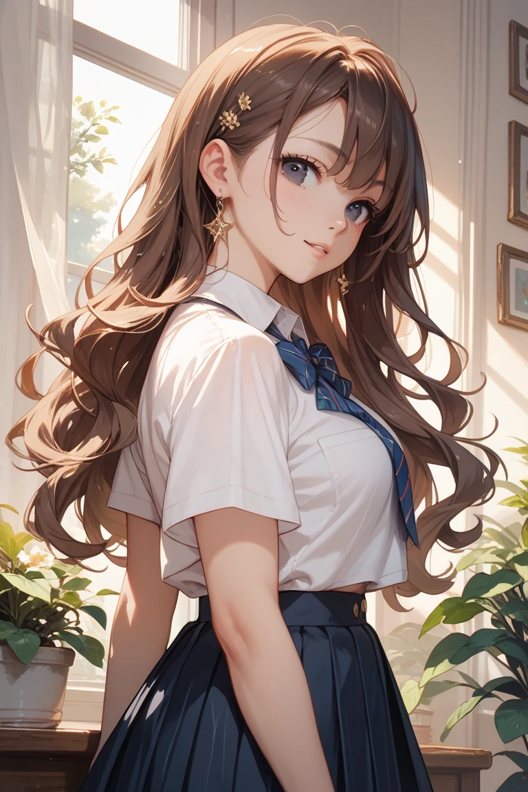 1 beautiful girl of 20 years old, anime girl, in the room, home interior, brown hair, bangs, hair over shoulder, long hair, messy hair, wavy hair, hair one side up, bangs pinned back, hair scarf, hair ornament, hairclip, heart hair ornament, raised eyebrows, aqua eyes, wide eyes, heart earrings, blush, bright pupils, puckered lips, confused, pensive, a finger on her lips, jewelry, glossy lips, necklace, pink blouse, small blouse, long sleeves, navy blue skirt, short skirt with ruffles, yellow panties, panties with lace, exposed panties, big and round breasts, thin waist, shapely thighs, open legs, wallpaper, detailed eyes, extra detailed face, Highly detailed CG, she leans forward, skirt lift, (upskirt:1.3), from below, from side, pov, illustration, high detail, anime, Art Deco, glowing light, dithering, image fill, framed, perspective, Wide-Angle, f/1.8, 85mm, 135mm, Sony FE, 8k, super detail, UHD, retina, masterpiece, accurate, anatomically correct, high quality, best quality, highres