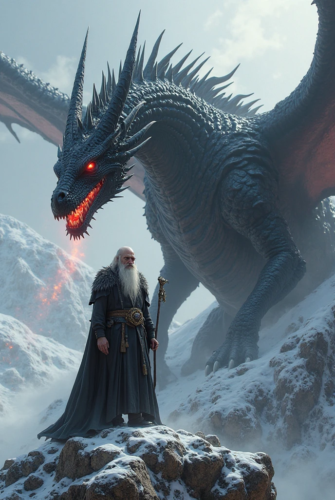 Make an image based on Game of Thrones, of a white haired warrior on his scary black dragon