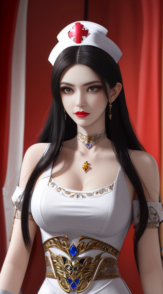 Beautiful Queen, Wearing white nurse uniform, In the hospital, Holding a syringe, Pen, medical record, Pretty Face, Long hair, Wearing a nurse's hat, Mysterious Neck and Hair Jewelry, Pale red iris, Big round eyes, Thin and pointed eyebrows, Detailed and sharp eyelashes in every detail, Red lipstick lipstick, Slender shoulders, ((Huge sagging breasts、Cleavage,)),cleveage、, Thick thighs,) Full breasts, Large target, Round and regular breasts, Slim waist, RAW photos, Detailed photos, Highest quality photos, 8k queen upper body,