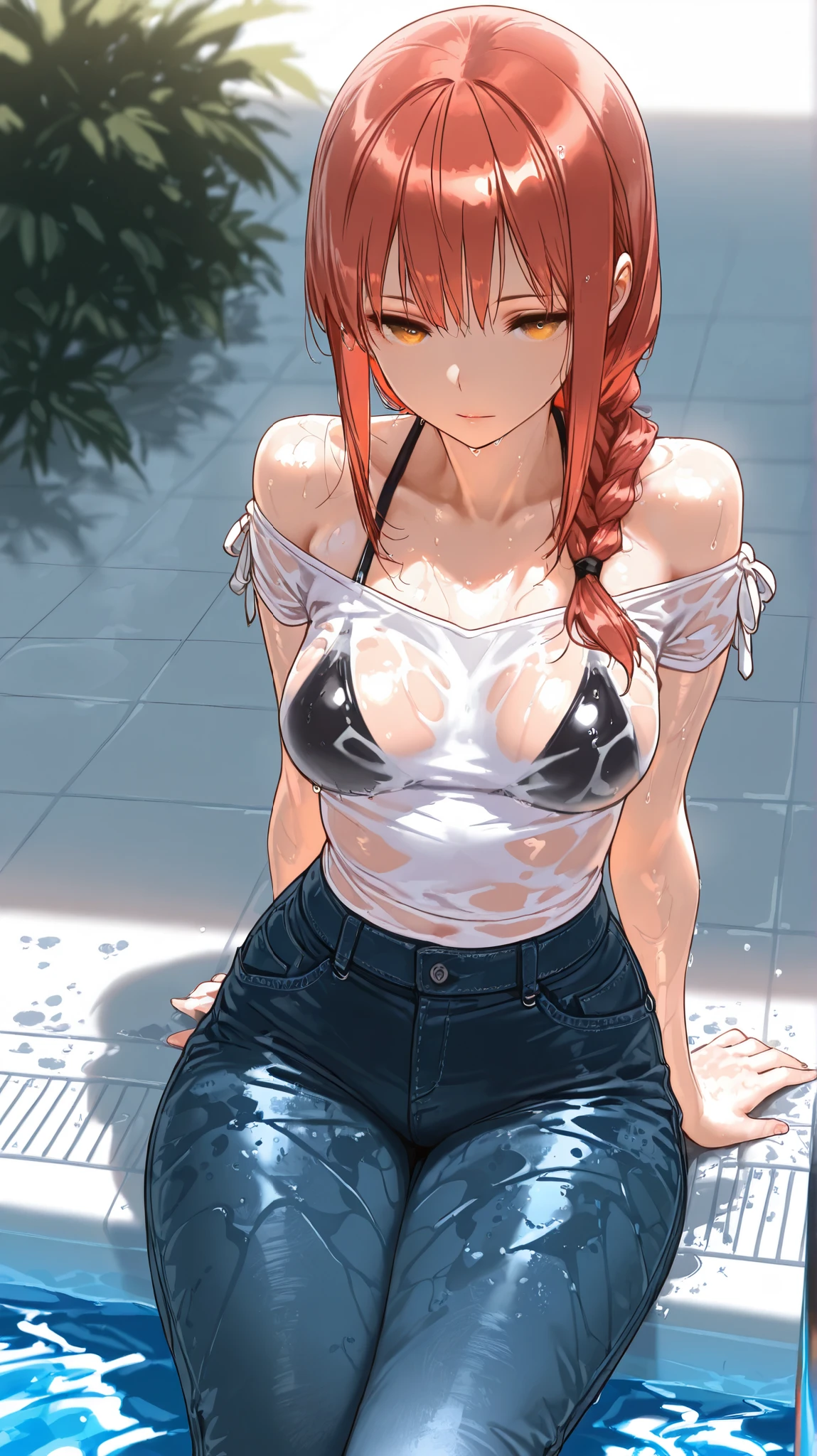 masterpiece, best quality, quality, Makima, Makima looking at the viewer, sitting, short top, apenas_shoulder, medium breasts, wide hips, wet, shorts jeans, ( bikini under clothes ), Fresh-bodied , outdoor, by the pool, shadow