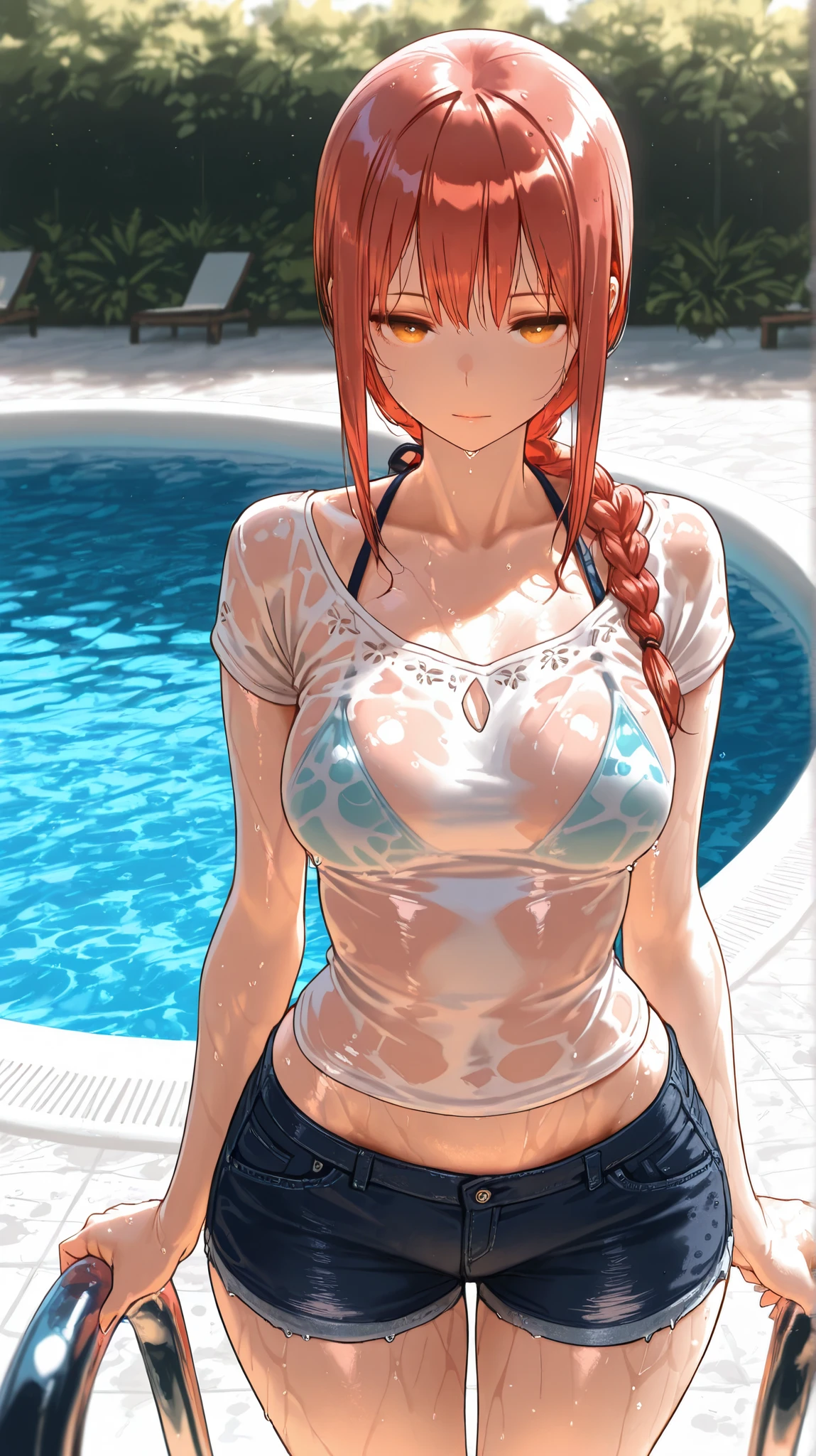 masterpiece, best quality, quality, Makima, Makima looking at the viewer, standing, short top, apenas_shoulder, medium breasts, wide hips, wet, shorts jeans, ( bikini under clothes ), Fresh-bodied , outdoor, by the pool, shadow