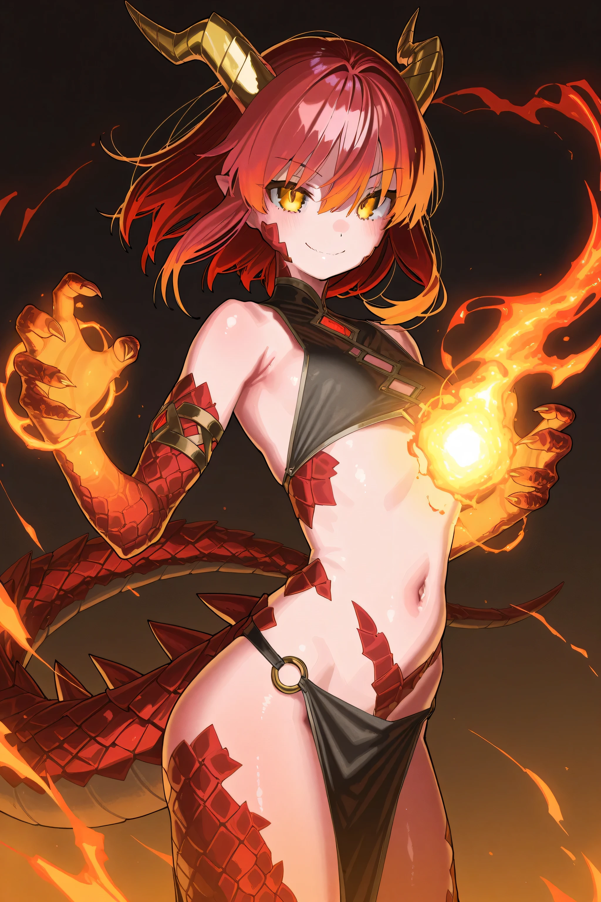 [artist:yoneyama mai], [artist:kanzarin], [artist: ekrea_jan], masterpiece,best quality,amazing quality, 748cmstyle, red hair, golden eyes, dragon horns, dragon tail, mysterious smile, glowing scales, fire magic, fantasy setting, dramatic lighting