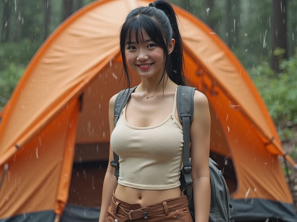 1 girl, 24 years old girl, cute girl, (wearing pink t-shirt and orange short pants), big blue backpack on her back, inside cave, holding fire torch, real skin, realistic skin, detailed skin features, detailed skin texture, detailed clothes features, body proportions, voluptious body, ultra-detailed, real face, detailed facial features, short brown hair, undercut hair, short hair bangs, beautiful eyes, brown eyes, detailed eyes, open mouth, parted lips, gloss on lips, amazed face, detailed face, best quality, masterpiece, 8k, RAW photography, cinematic lightning, (Best Quality:1.4), 8K resolution, High resolution, (Photorealistic, High resolution:1.4), Raw photo, (Realistic, Photorealistic:1.37),