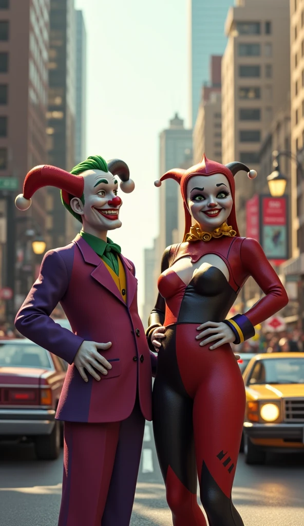 Harley quinn in sexy revealing harley quinn costume, with joker wraring joker costume in a new york street. disney pixar 3d