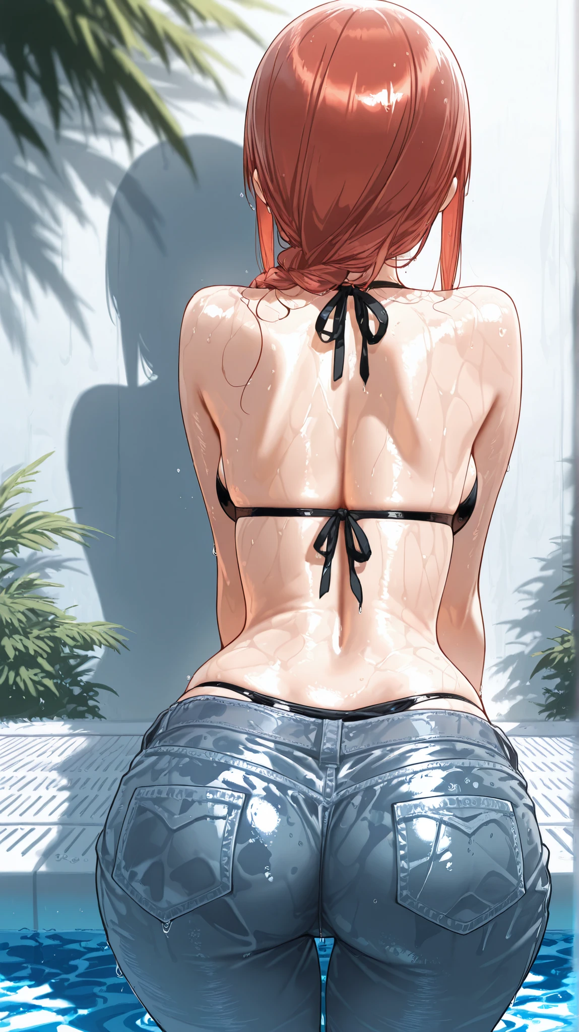 masterpiece, best quality, quality, Makima, Makima looking at the viewer, rear view, short top, apenas_shoulder, medium breasts, wide hips, wet, shorts jeans, ( bikini under clothes ), Fresh-bodied , outdoor, by the pool, shadow