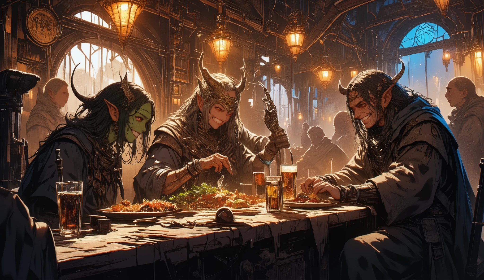 adventurer、Different world、fantasy、eating with friends、A bar where Celtic music seems to be playing、male human name、orc female name、elf male name、dwarf female name、Lively、Looks like a fun atmosphere、smile