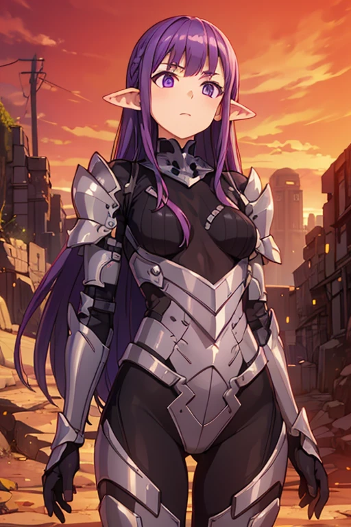 masterpiece, best quality, sharp focus, absurdres, ++ 1girl, solo, fantasy, light purple hair, very long hair, curly hair, french braid, single sidelock, forehead, eyepatch, one eye covered, black eyepatch, black eyepatch, red eyes, pink eyes, multicolored eyes, parted lips, small chest, flat chest, loli, armored dress, pelvic curtain, armour skirt, dark purple armor, black cape, long cape, dollgirl, doll joints, ++ upper body shot, zoom out, standing, looking at viewer, cold, neutral, hands out of frame