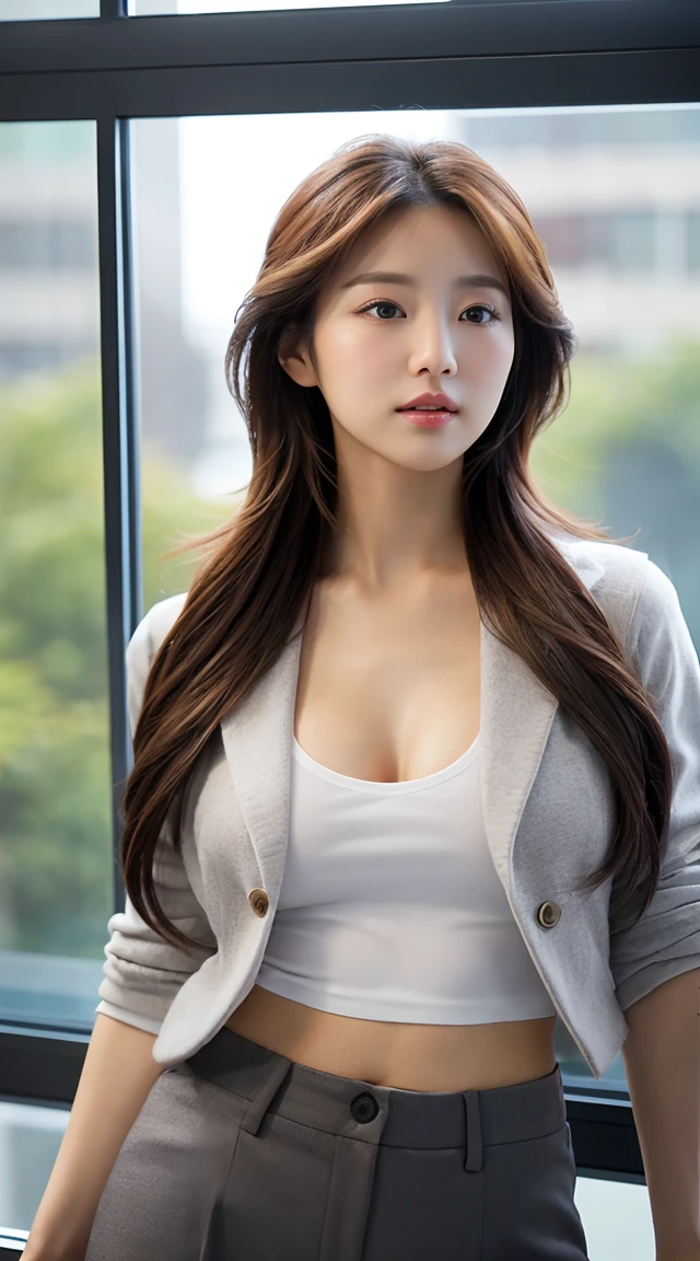 beautfull Japanease woman, top-quality, masterpiece, 1girl in, 美丽的面容, (photographrealistic:1.3), Rim lighting, (High Detail Skins:1.2), 8K UHD, Digital SLR, hightquality, hight resolution, 4K, 8K, bokeh dof, (realisitic:1.3), Wearing a black formal blazer, ample breasts, a short skirt, (Transparent blouse:1.1),