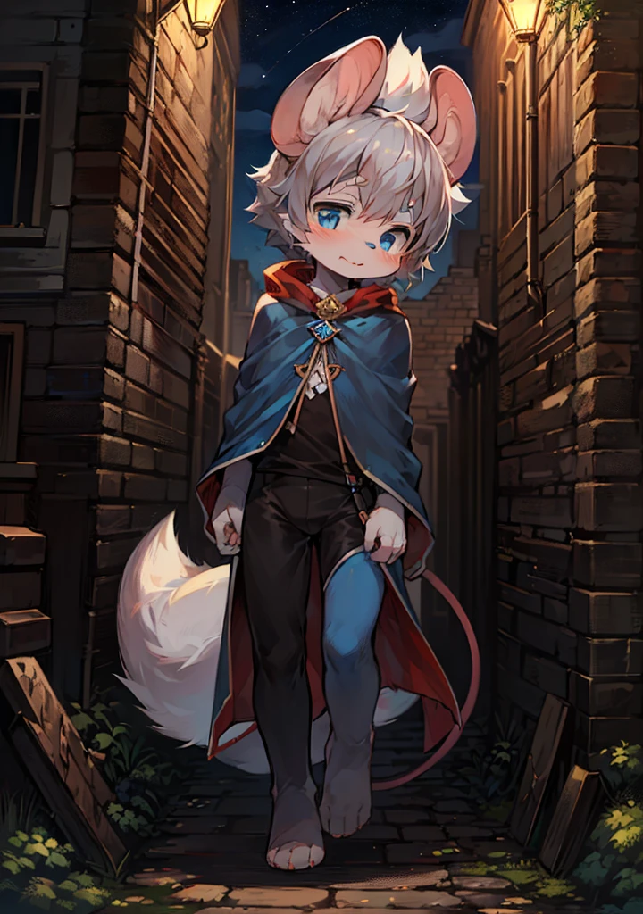 (Dark Environment: 0.8), Masterpiece, High Quality, Abstract Res, Digital Painting\(artwork\), by Dagasi, Yupa, Kiyosan, (Anthro, Fluffy Fur, Character Focus: 1.1), Anthro Male Cat, Short Hair, Portrait , bright eyes, panorama, character focus. (detailed background: 0.7), solo, furry, furry male, claws extended, light blue flesh pad, male focus, anthr, (full body fur, fluffy tail, white fur, blue eyes, brown hair: 1.2), (canine, upright, cheerful, lively, magician, cape: 1.2), (exterior, daytime: 1.4)