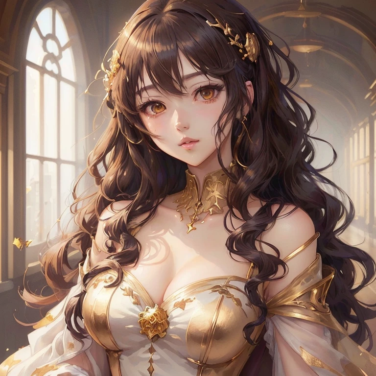 Sam Young, One person, return, Exposing shoulders, Yellow Eyes, brown Long Hair, Earrings, jewelry, lips, Long Hair, View your viewers, looking return, necklace, Off the shoulder, parted lips, Portraiture, Day, Depth Field, soil, ((masterpiece)),Large Breasts